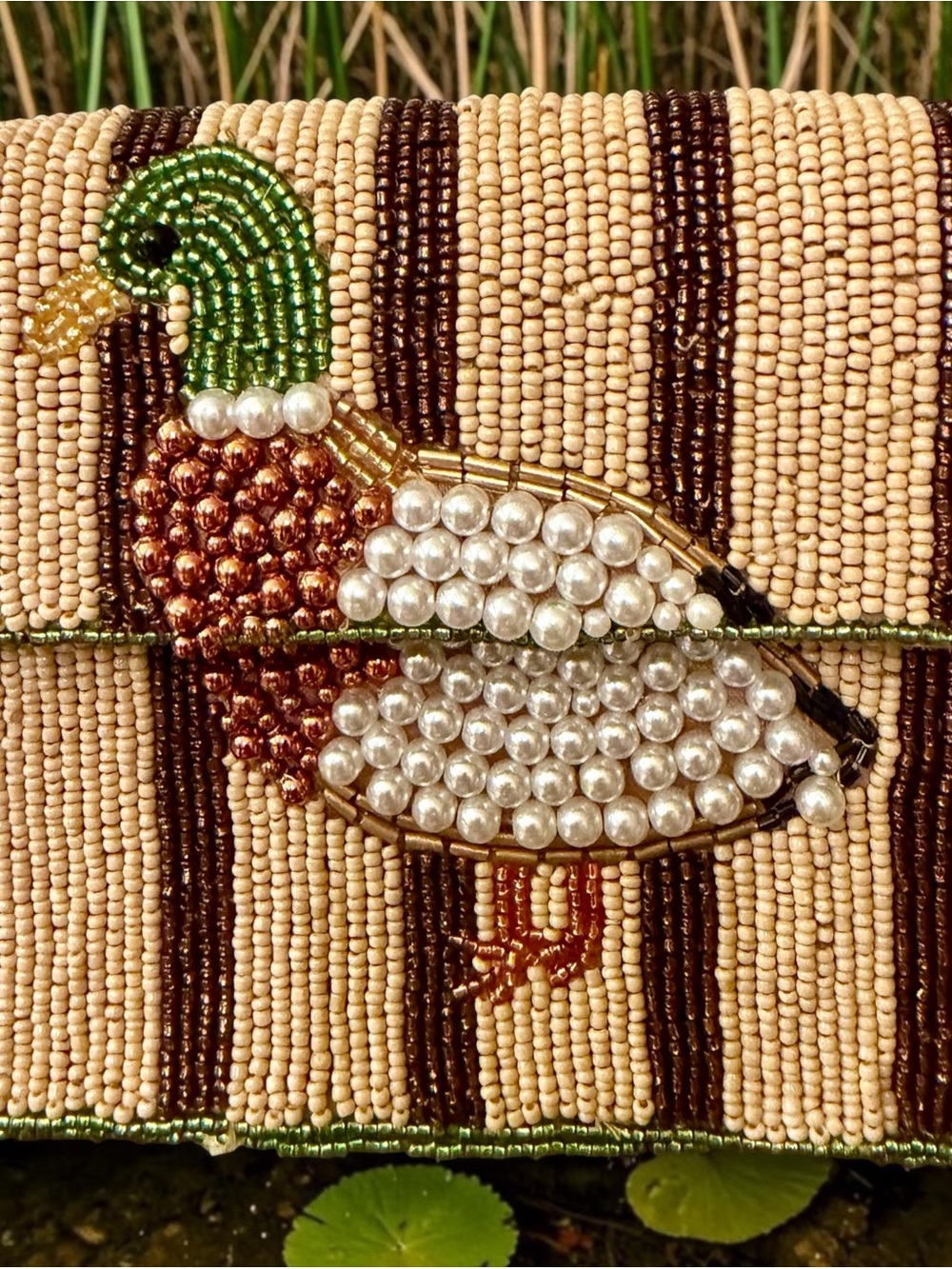 Anthropologie Cream, Brown & Green Beaded Duck Shoulder Bag - Picture 3 of 7